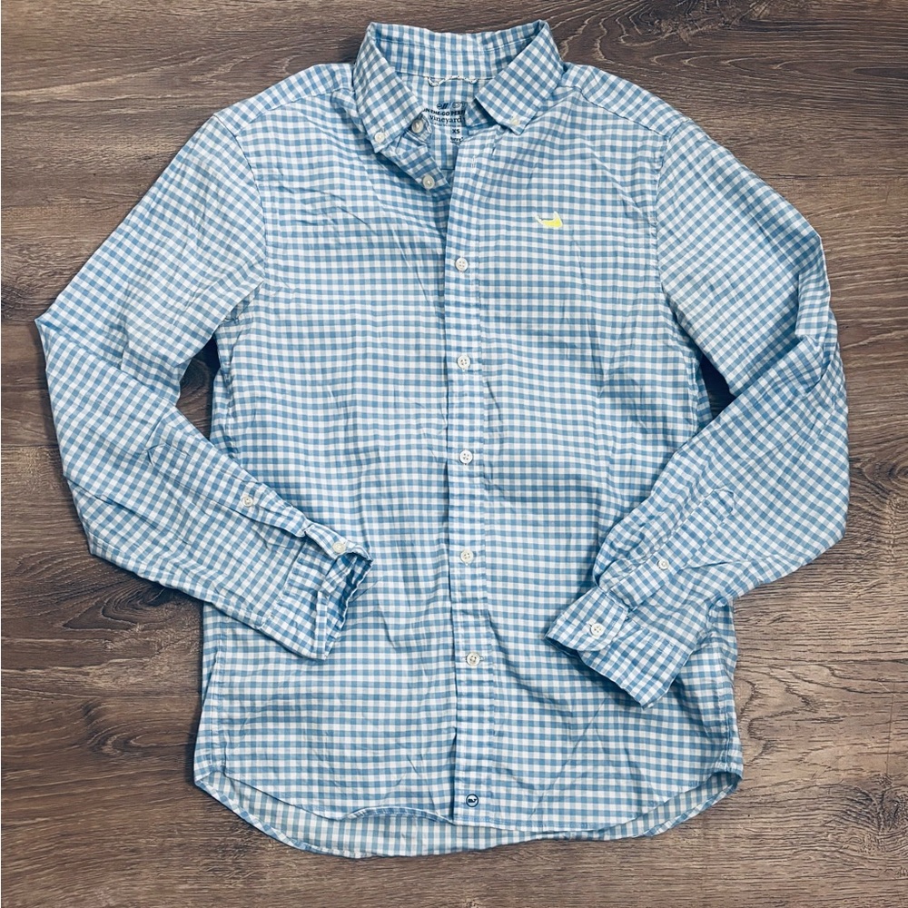 Vineyard Vines Men’s XS On The Go Performance Blue Gingham Button-Down Shirt